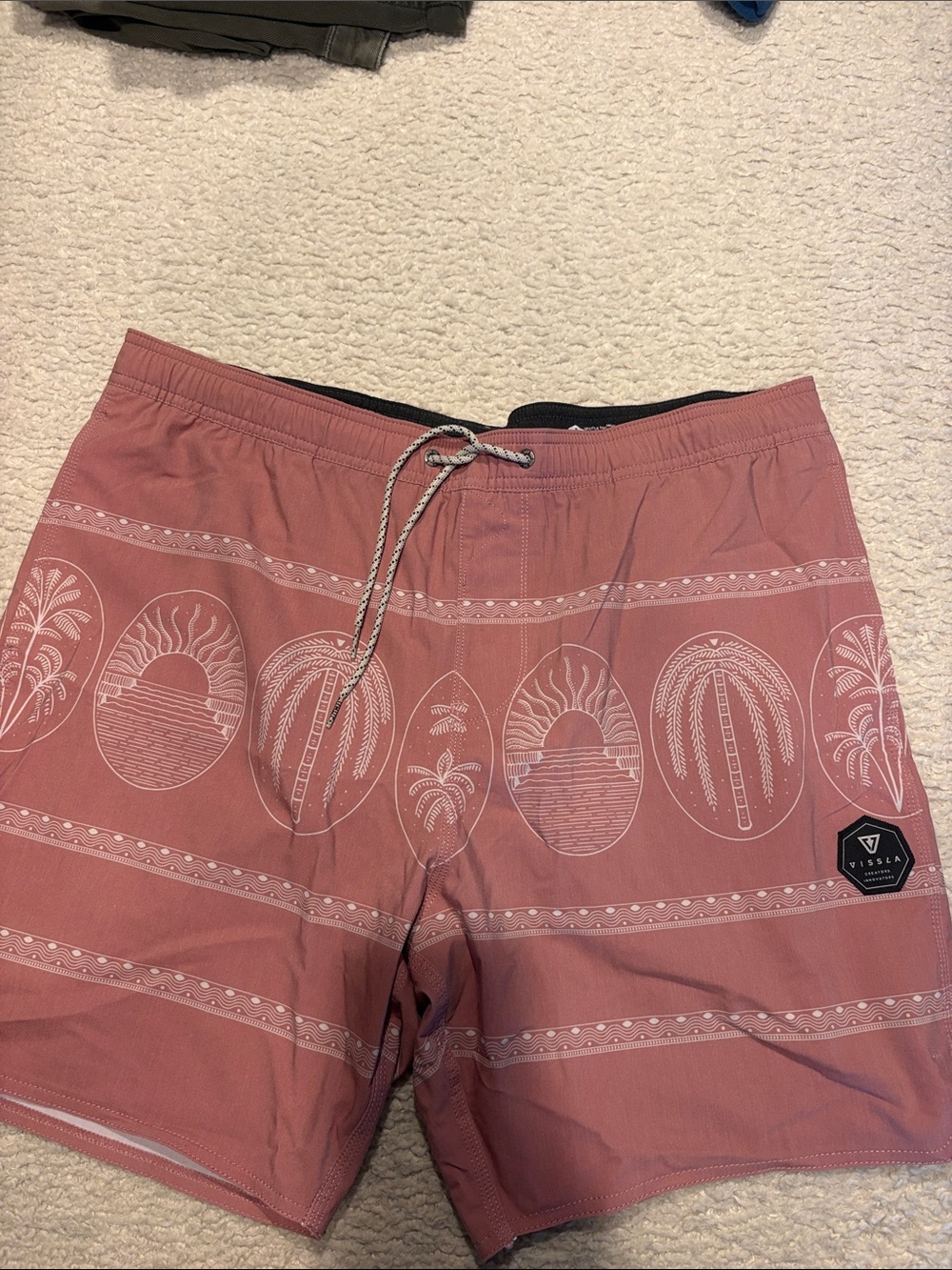 VISSLA Rose-Mauve Palm Panel Swim Shorts with White Graphics
